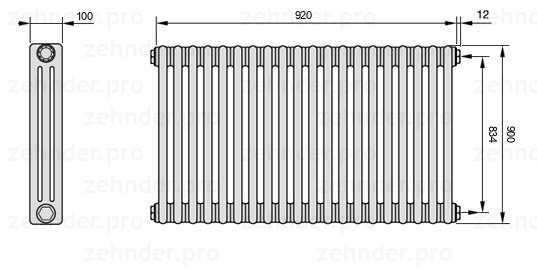 Схема (чертеж) Радиатор Zehnder Charleston 3090/20 №7610 Белый глянцевый RAL 9016
